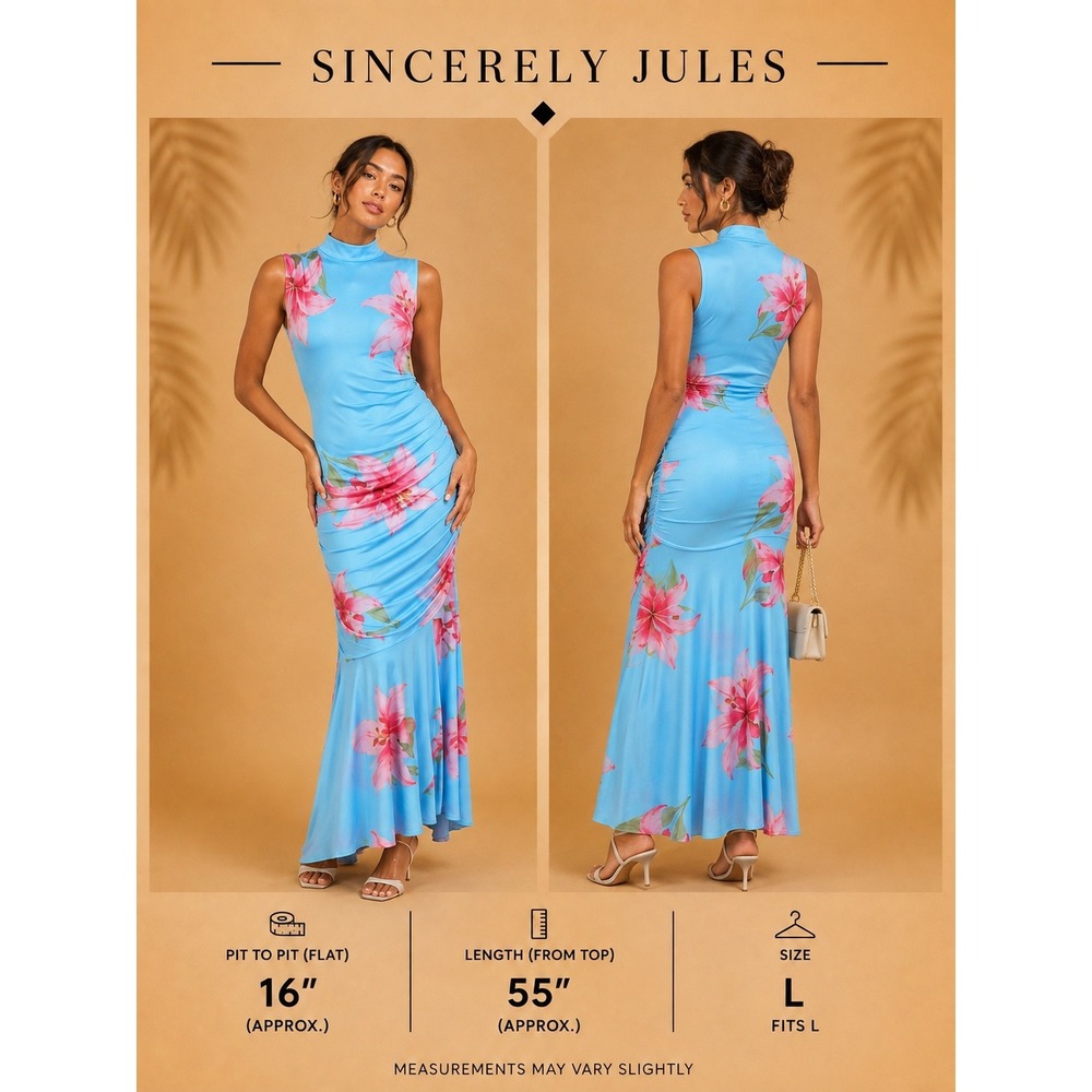 Sincerely Jules Floral Ruched Maxi Dress Blue Pink Lily Sleeveless Size L NWT
